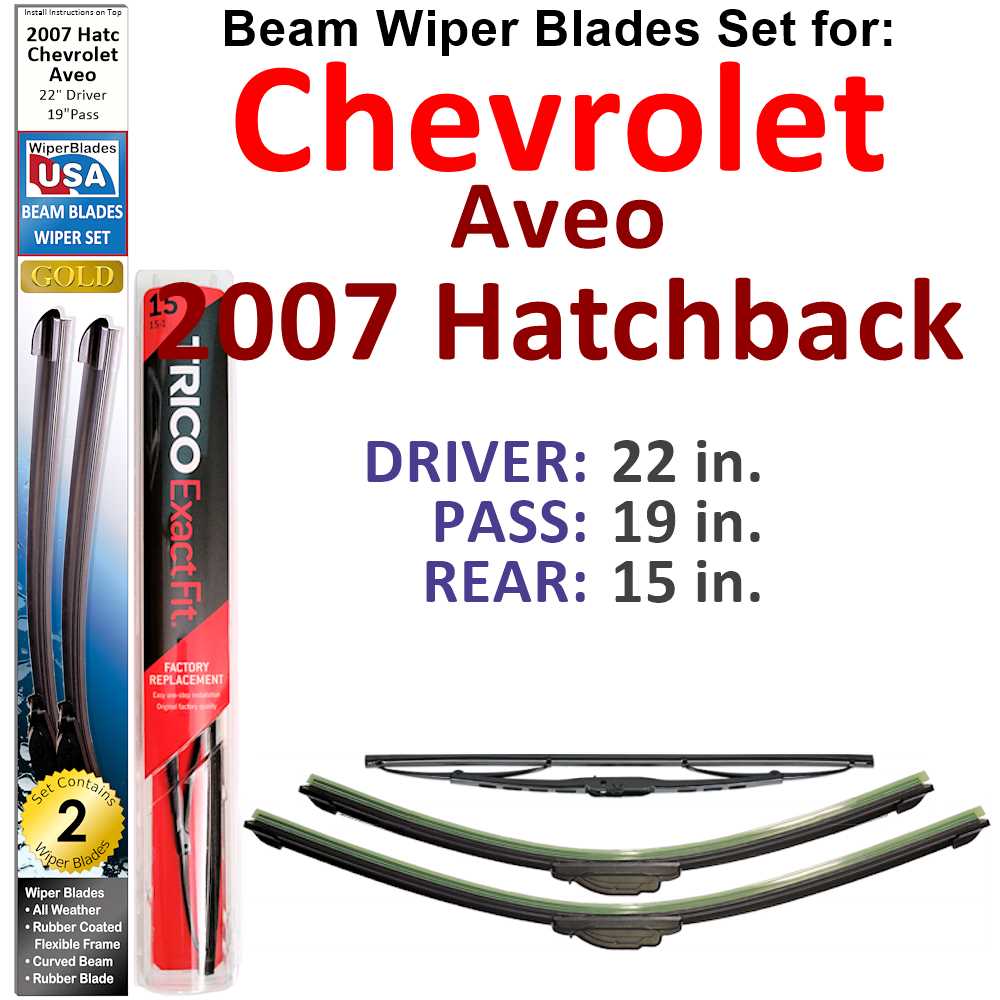 Set of 3 Beam Wiper Blades designed for 2007 Chevrolet Aveo Hatchback, showcasing their sleek design and durable construction.