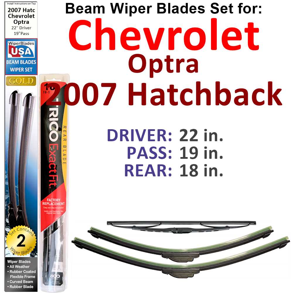 Set of 3 Beam Wiper Blades designed for 2007 Chevrolet Optra Hatchback, showcasing their flexible and durable design.