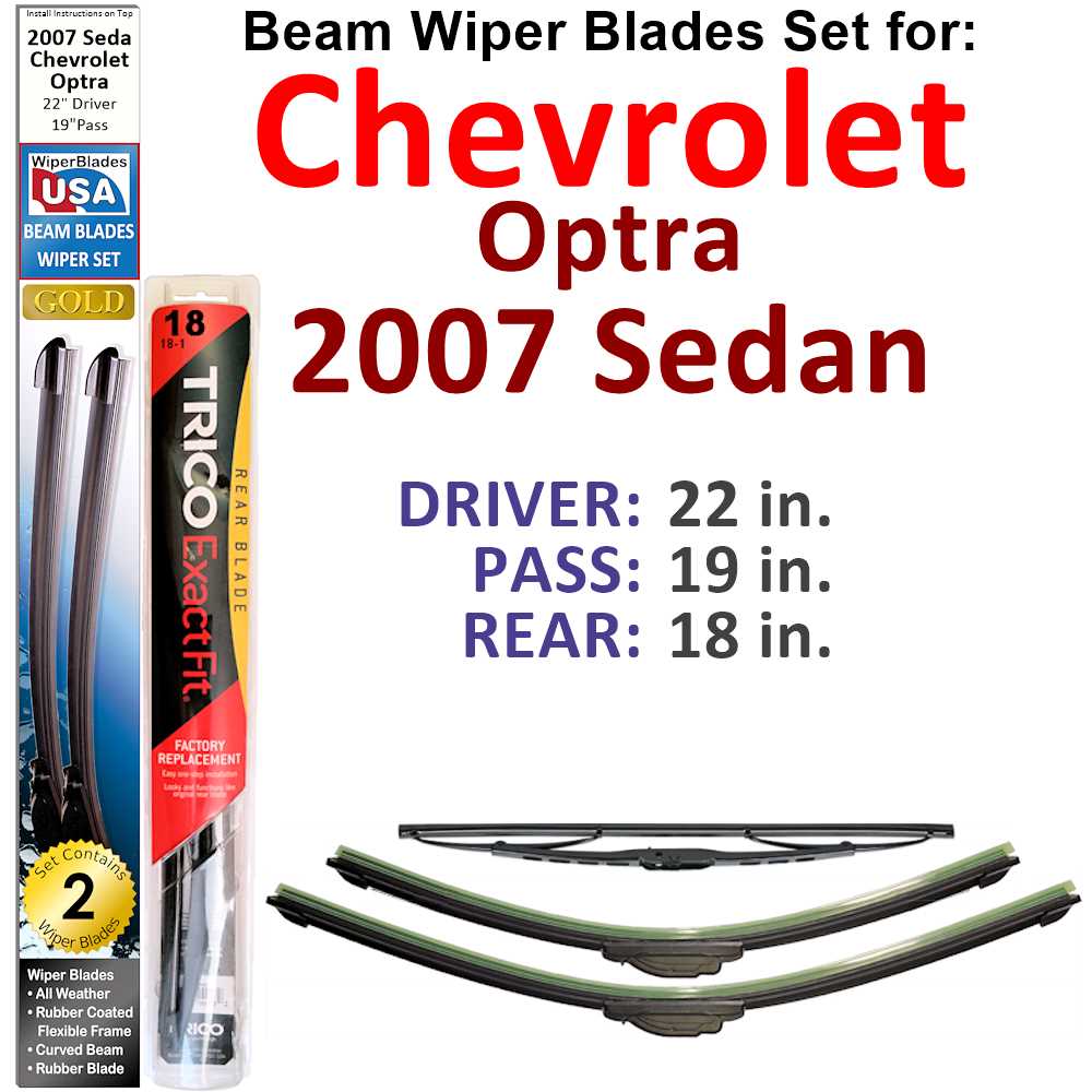 Set of 3 Beam Wiper Blades designed for 2007 Chevrolet Optra Sedan, showcasing their flexible and durable design.