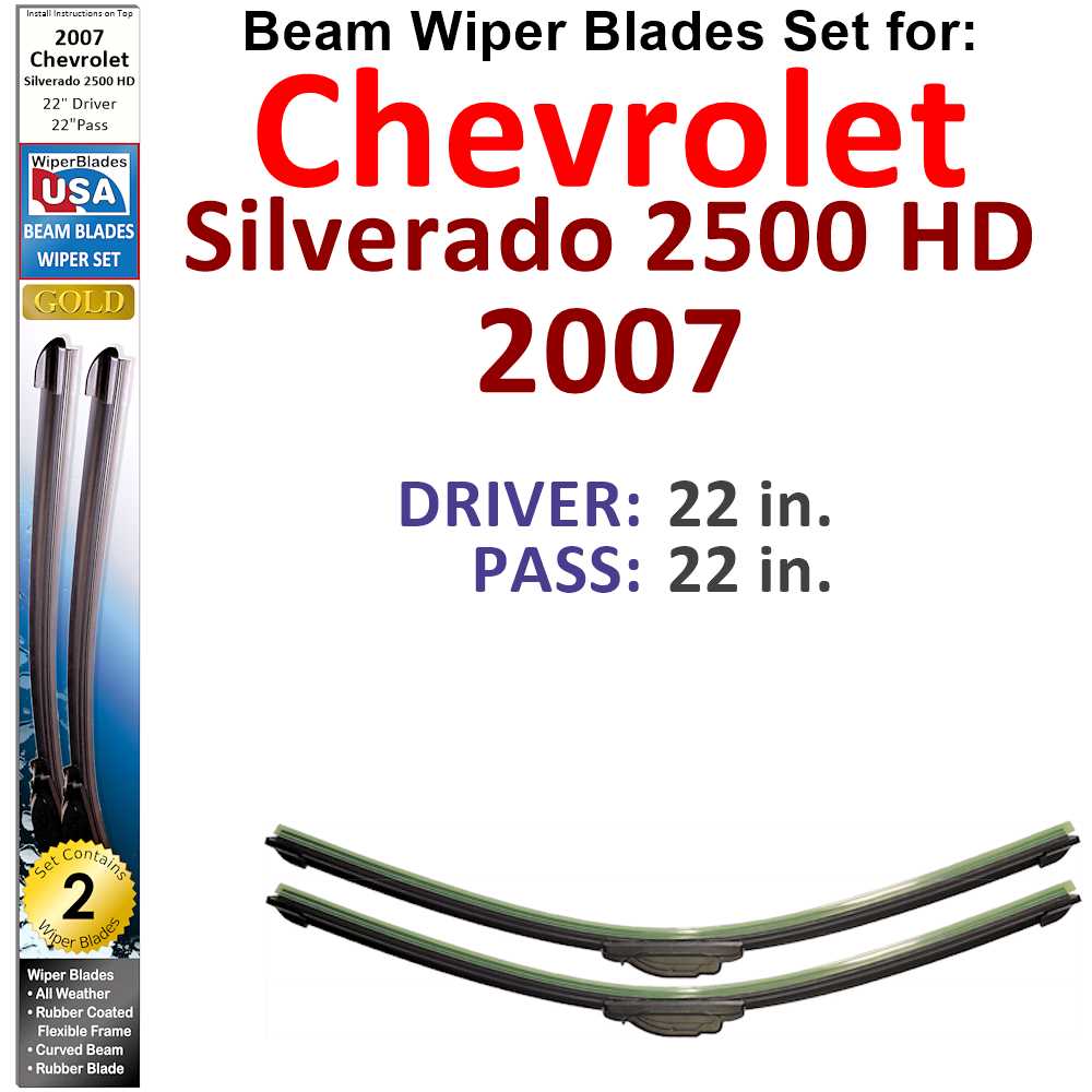 Set of 2 Beam Wiper Blades designed for 2007 Chevrolet Silverado 2500 HD, showcasing their flexible and durable design.