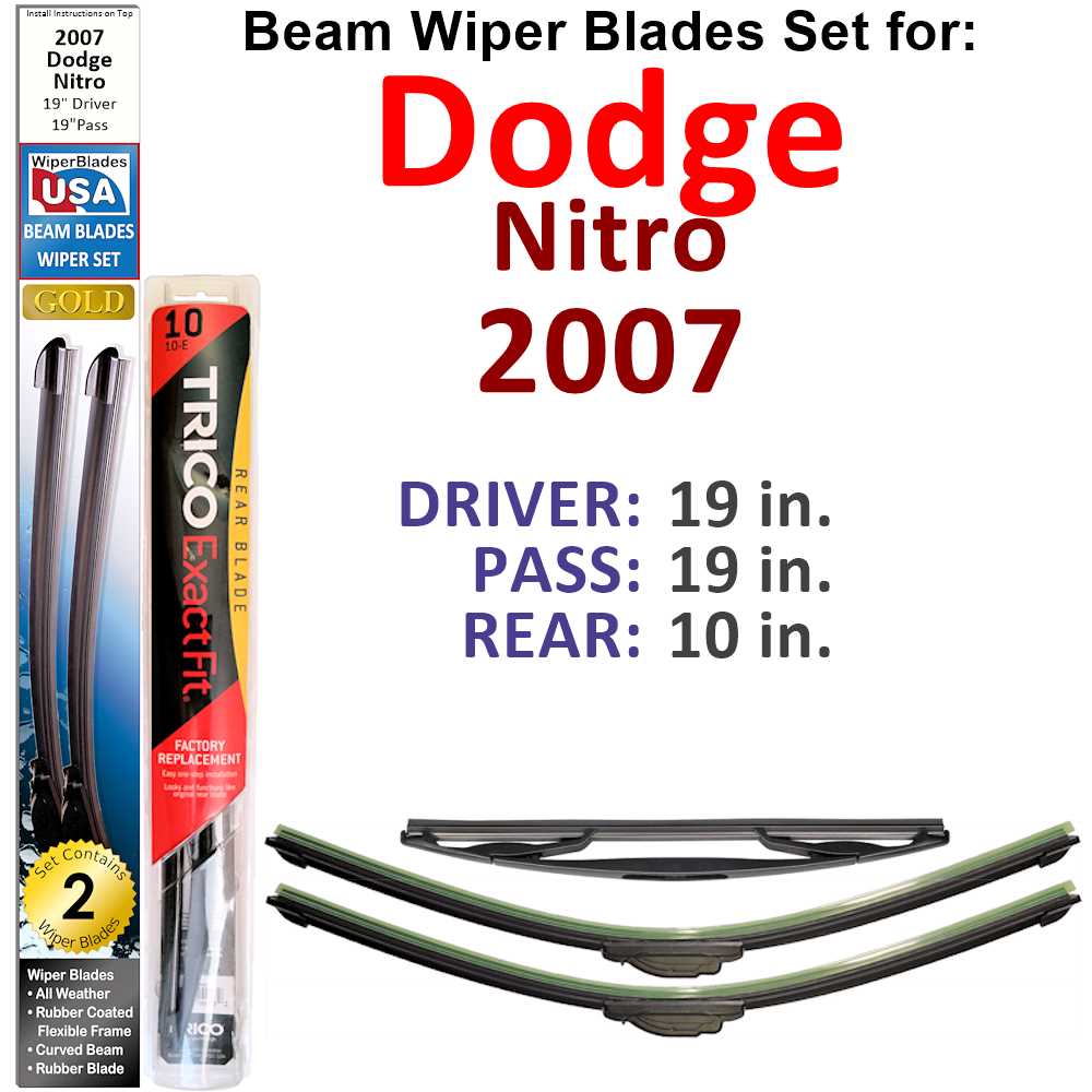 Set of 3 Beam Wiper Blades designed for 2007 Dodge Nitro, showcasing their flexible and durable design.