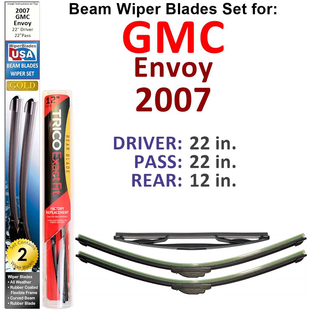 Set of 3 Beam Wiper Blades designed for 2007 GMC Envoy, showcasing their flexible and durable construction.