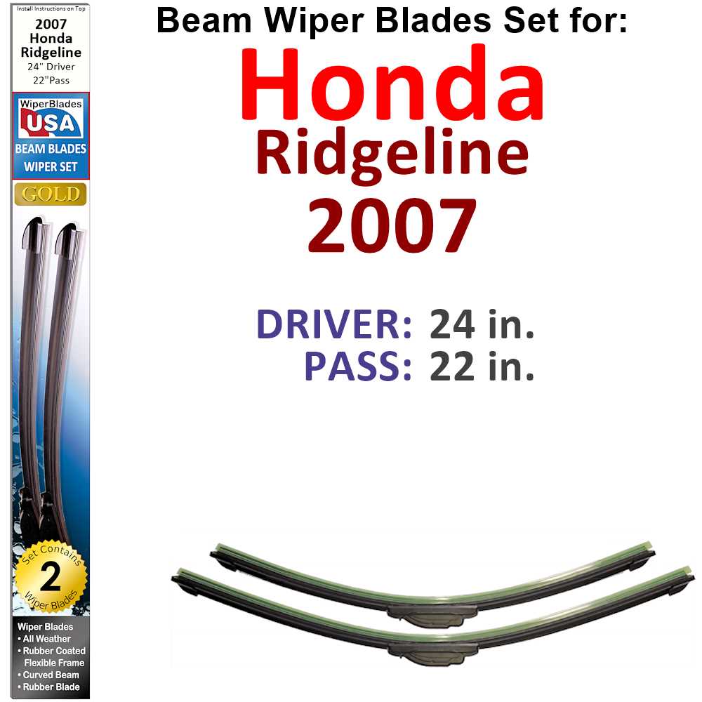 Set of two Beam Wiper Blades designed for 2007 Honda Ridgeline, showcasing their flexible and durable construction.