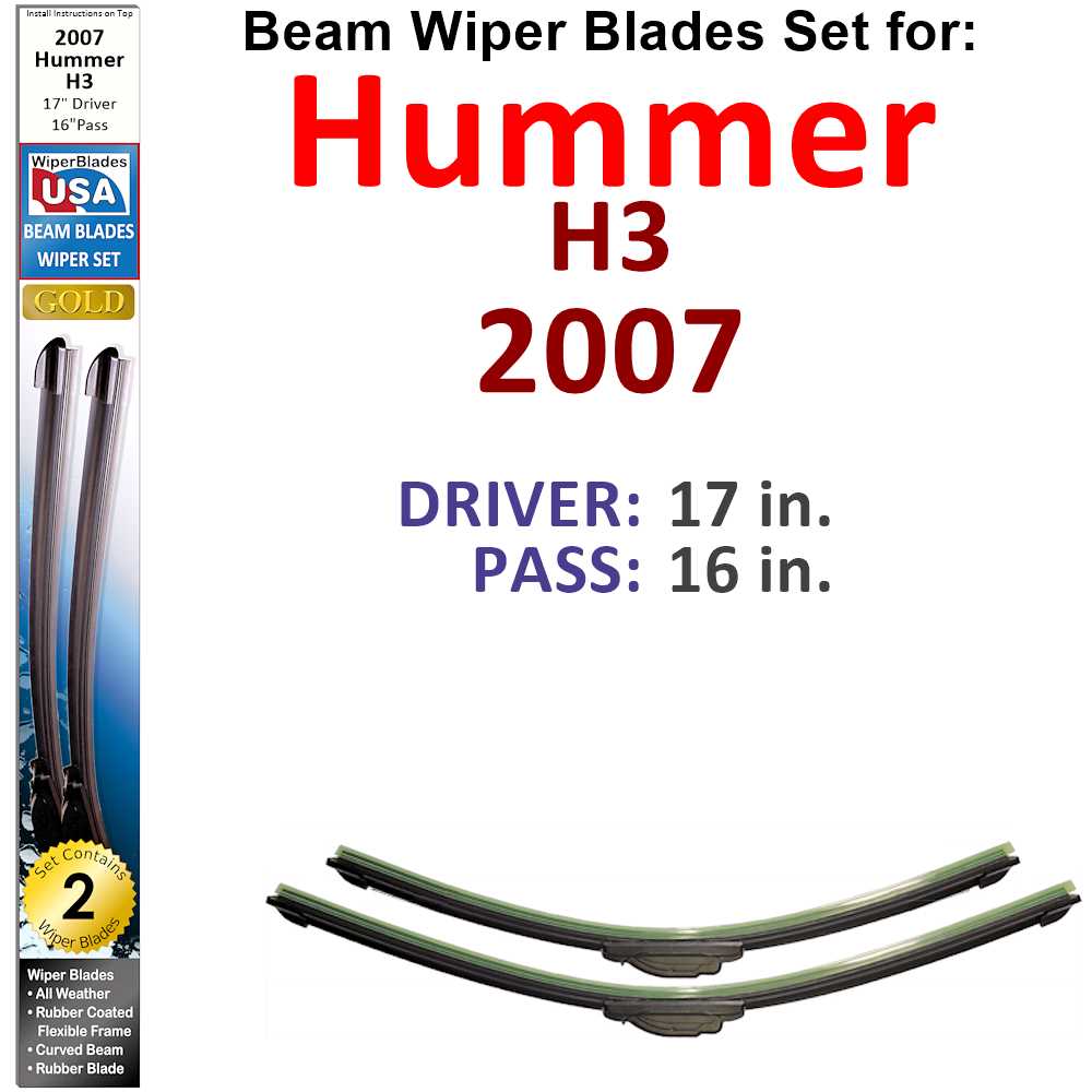 Set of 2 Beam Wiper Blades designed for 2007 Hummer H3, showcasing their flexible and durable construction.