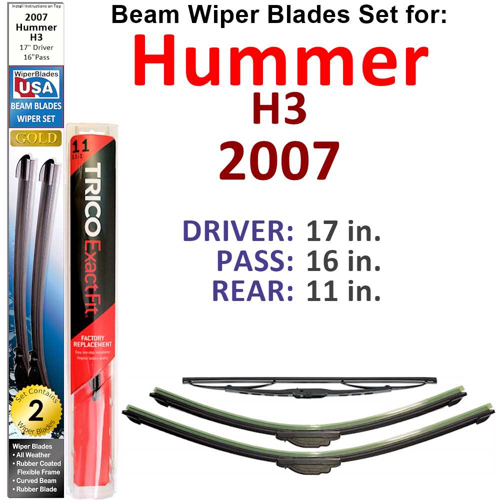 Set of 3 Beam Wiper Blades designed for 2007 Hummer H3, showcasing their flexible and durable construction.