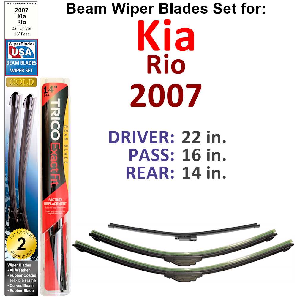 Set of 3 Beam Wiper Blades designed for 2007 Kia Rio, showcasing their flexible and durable construction.