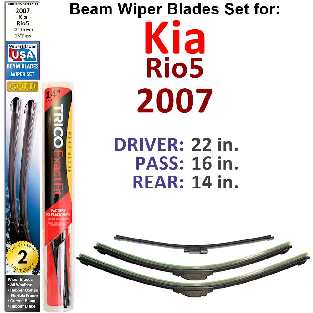 Set of 3 Beam Wiper Blades for 2007 Kia Rio5, showcasing their flexible design and durable construction.