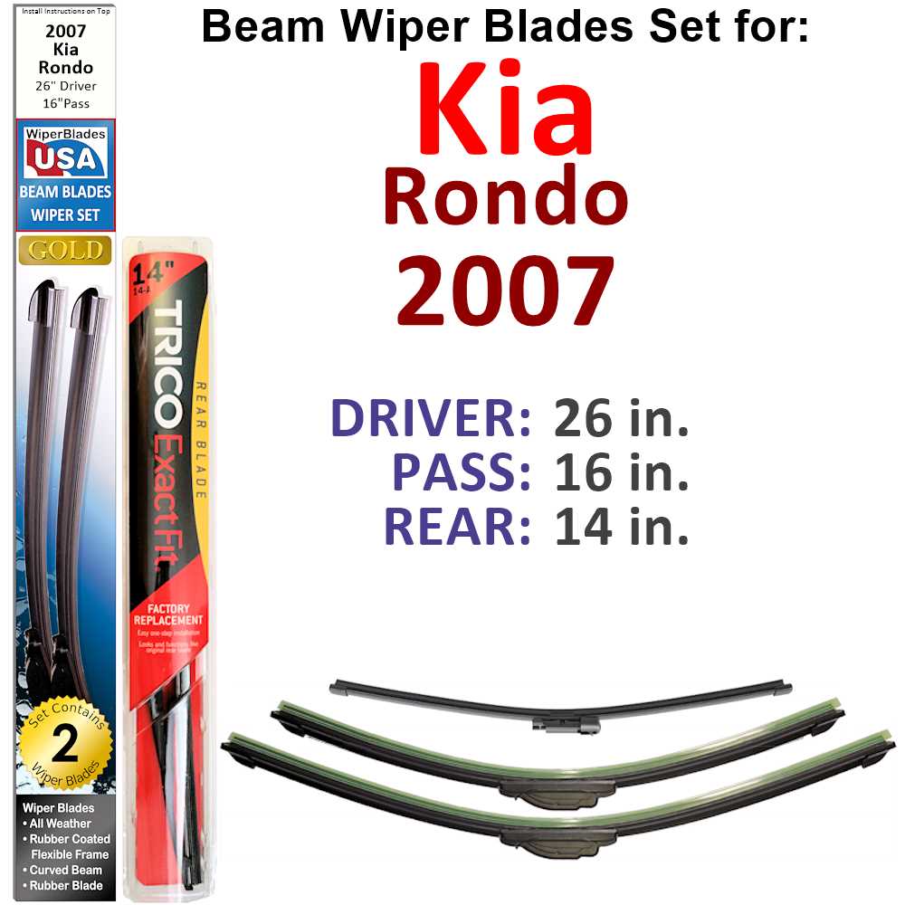 Set of 3 Beam Wiper Blades designed for 2007 Kia Rondo, showcasing their flexible and durable construction.