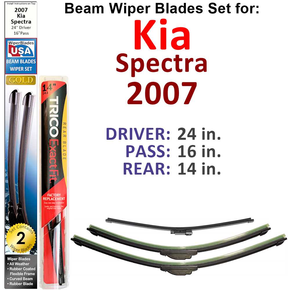 Set of 3 Beam Wiper Blades designed for 2007 Kia Spectra, showcasing their flexible and durable construction.