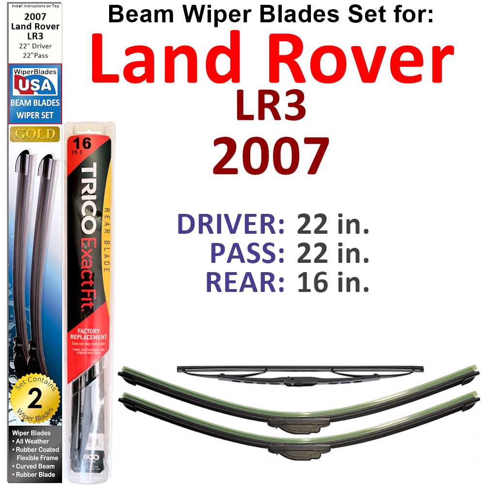 Set of 3 Beam Wiper Blades designed for 2007 Land Rover LR3, showcasing their flexible and durable construction.