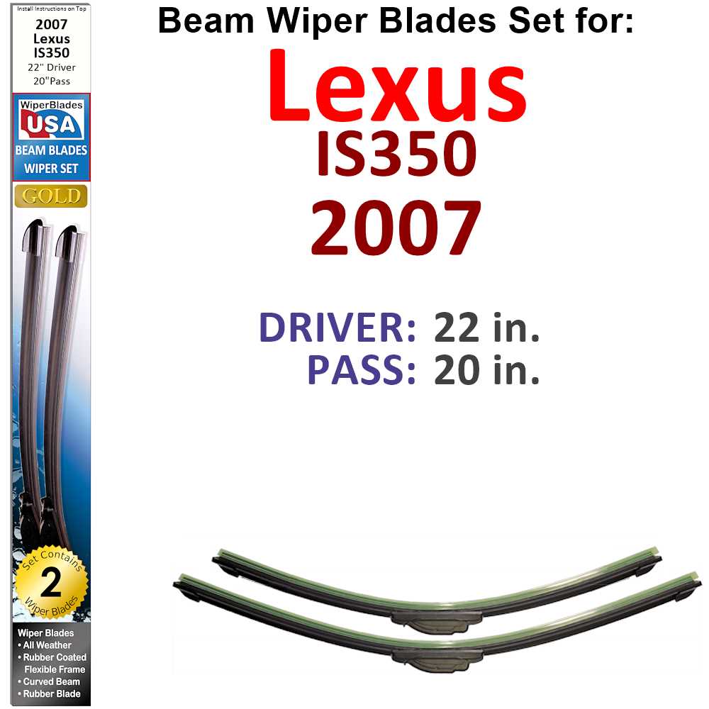Set of 2 Beam Wiper Blades designed for 2007 Lexus IS350, showcasing their flexible and durable construction.