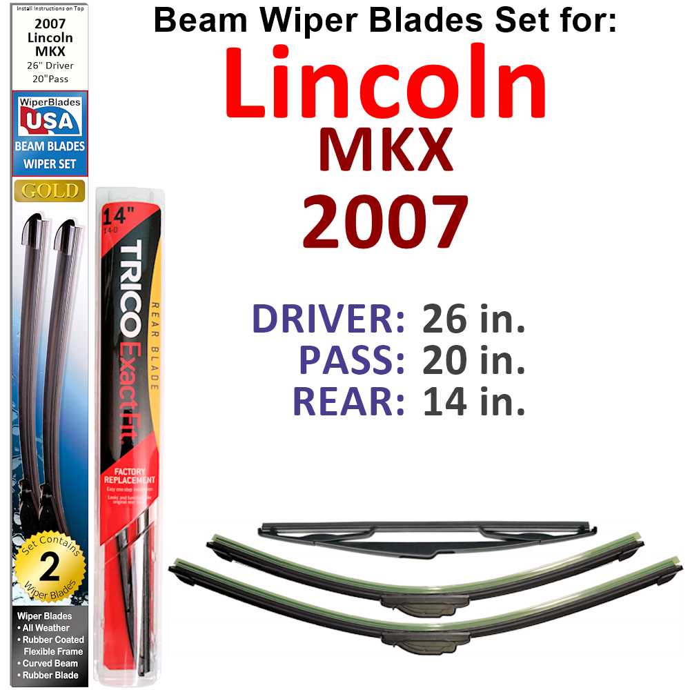 Set of 3 Beam Wiper Blades designed for 2007 Lincoln MKX, showcasing their flexible and durable construction.