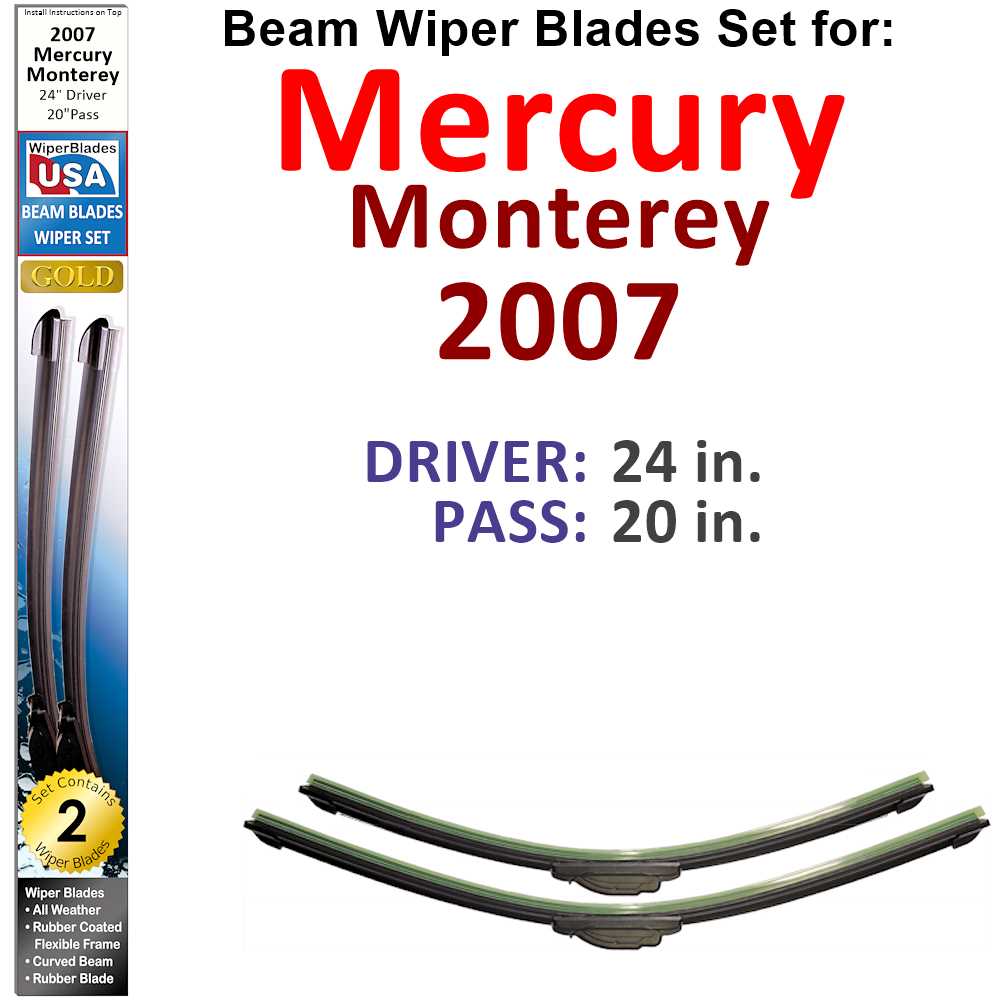 Set of 2 Beam Wiper Blades designed for 2007 Mercury Monterey, showcasing their flexible and durable construction.