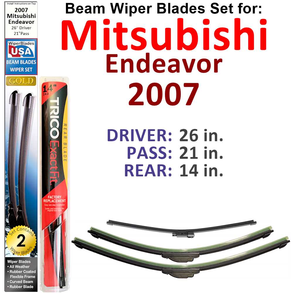 Set of 3 Beam Wiper Blades designed for 2007 Mitsubishi Endeavor, showcasing their flexible and durable construction.