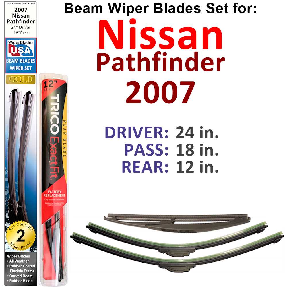Set of 3 Beam Wiper Blades designed for 2007 Nissan Pathfinder, showcasing their flexible and sealed design for optimal performance.