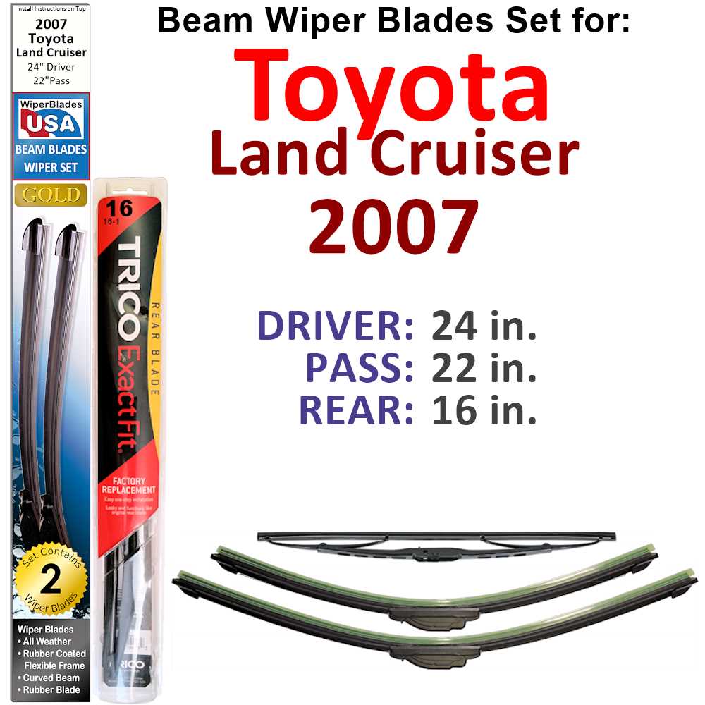 Set of 3 Beam Wiper Blades designed for 2007 Toyota Land Cruiser, showcasing their flexible and durable construction.