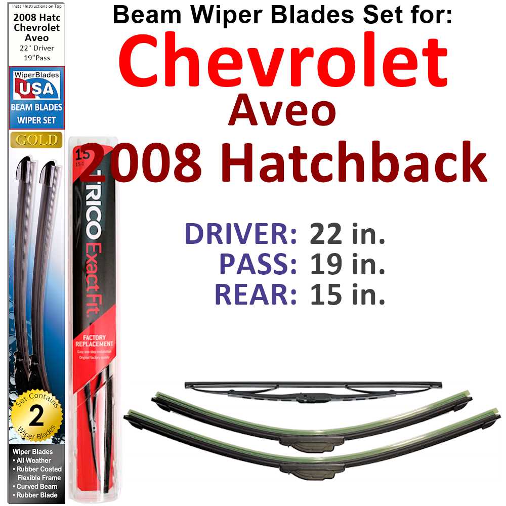 Set of 3 Beam Wiper Blades designed for 2008 Chevrolet Aveo Hatchback, showcasing their flexible and durable construction.