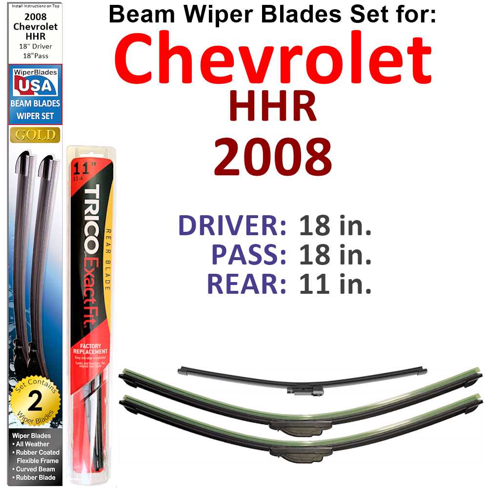 Set of 3 Beam Wiper Blades designed for 2008 Chevrolet HHR, showcasing their flexible and sealed design for optimal windshield contact.