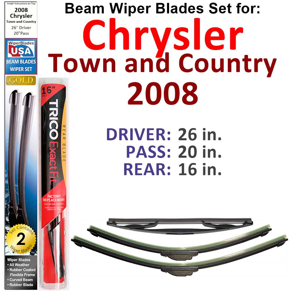 Set of 3 Beam Wiper Blades for 2008 Chrysler Town and Country, showcasing their flexible design and all-weather durability.