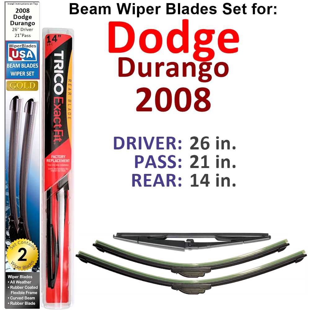 Set of 3 Beam Wiper Blades designed for 2008 Dodge Durango, showcasing their flexible and sealed construction for optimal performance.