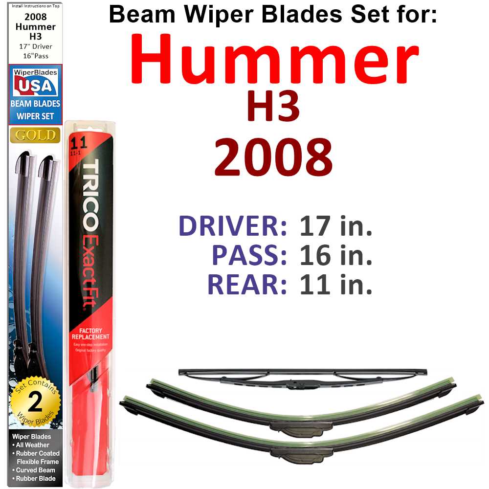 Set of 3 Beam Wiper Blades designed for 2008 Hummer H3, showcasing their flexible and durable construction.