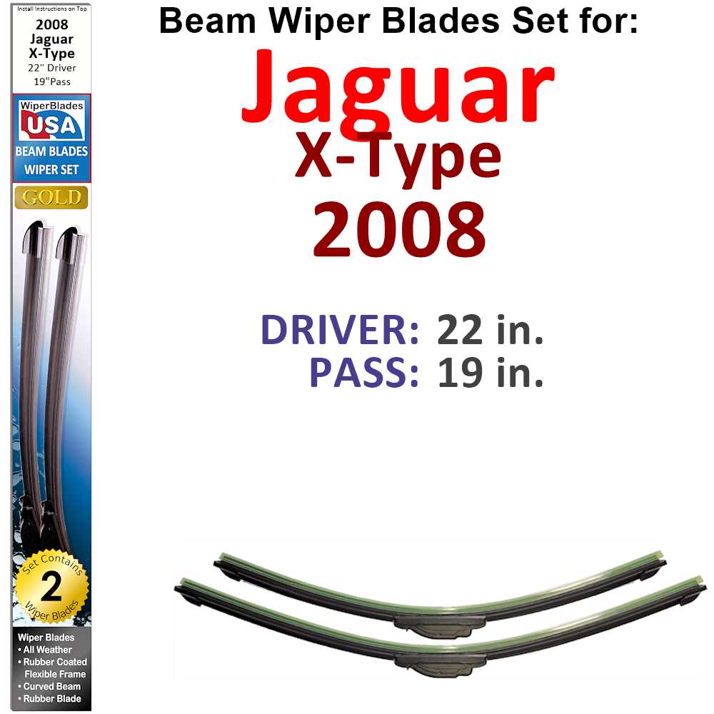 Set of two Beam Wiper Blades designed for 2008 Jaguar X-Type, showcasing their sleek design and durable construction.