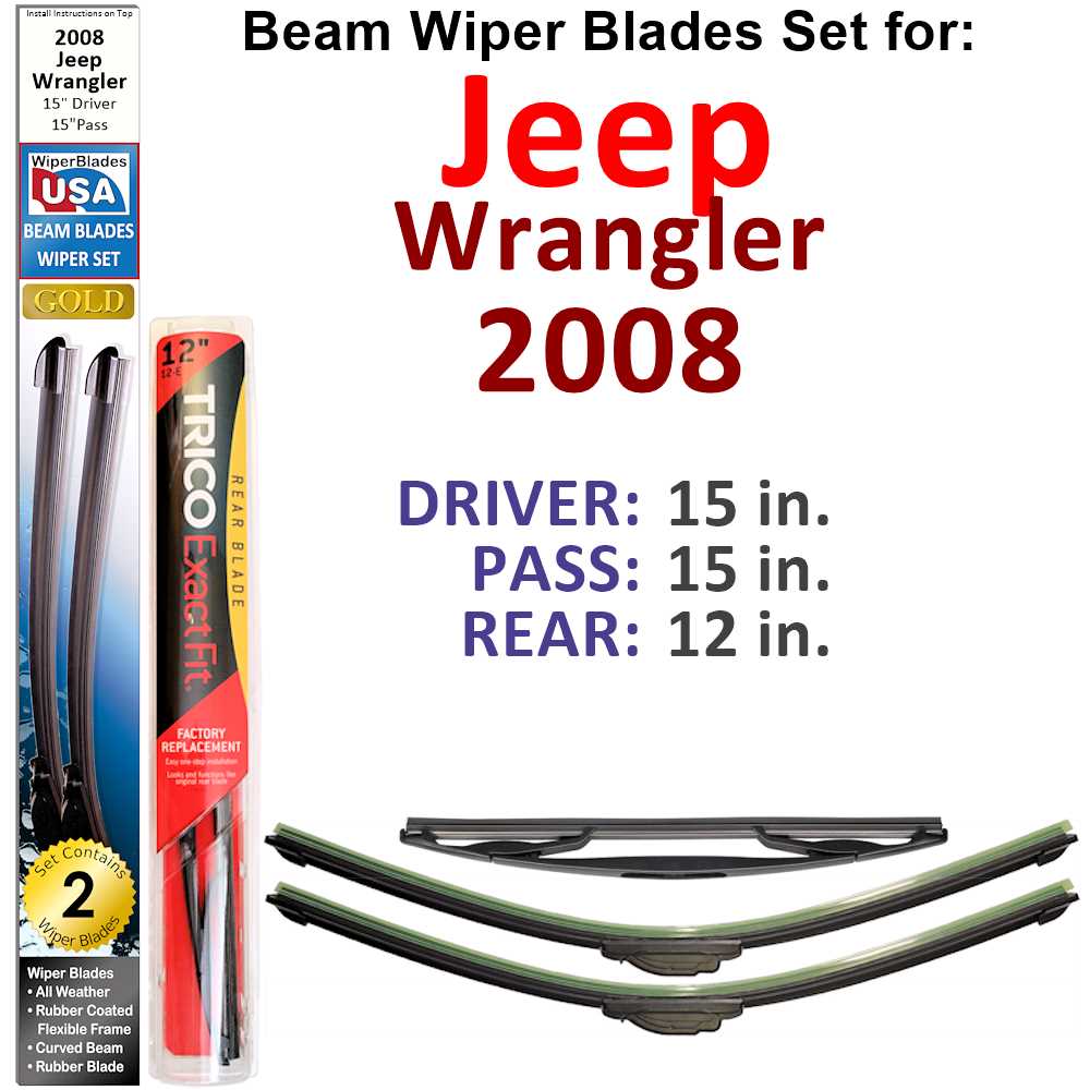 Set of 3 Beam Wiper Blades designed for 2008 Jeep Wrangler, showcasing their flexible and durable construction.