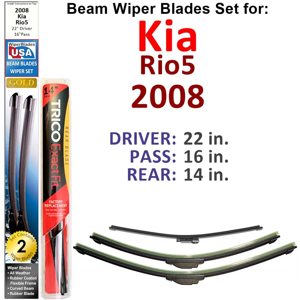 Set of 3 Beam Wiper Blades for 2008 Kia Rio5, showcasing their flexible design and durable rubber construction.