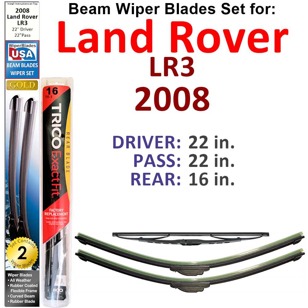 Set of 3 Beam Wiper Blades designed for 2008 Land Rover LR3, showcasing their flexible and durable construction.