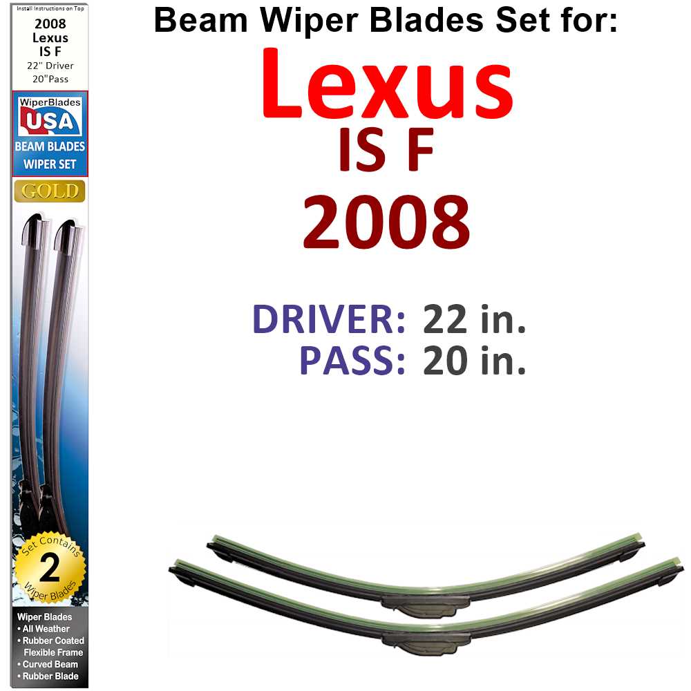 Set of two Beam Wiper Blades designed for 2008 Lexus IS F, showcasing their flexible and durable construction.