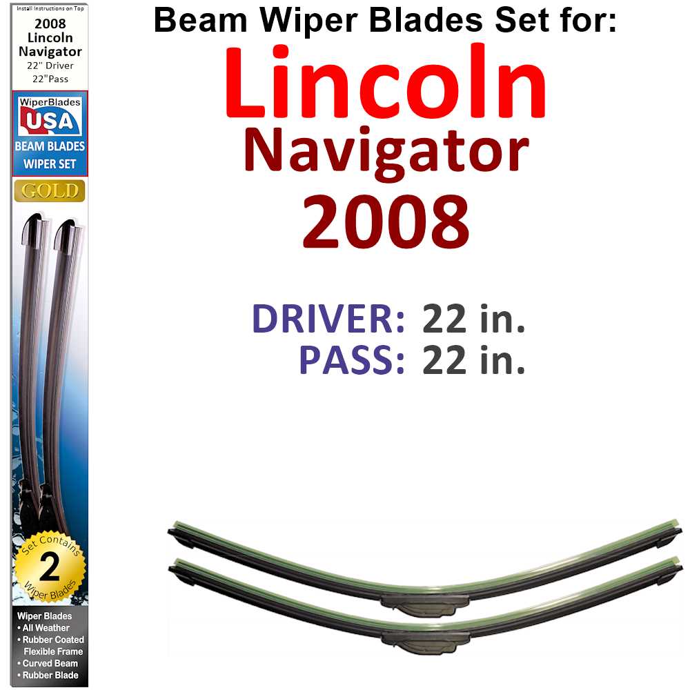 Set of two Beam Wiper Blades designed for 2008 Lincoln Navigator, showcasing their flexible and durable construction.