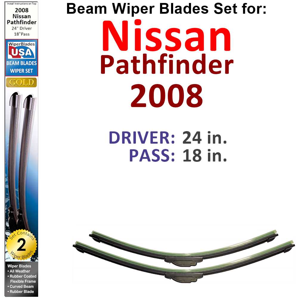 Set of 2 Beam Wiper Blades designed for 2008 Nissan Pathfinder, showcasing their flexible and durable construction.
