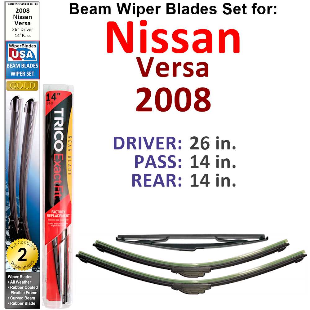 Set of 3 Beam Wiper Blades designed for 2008 Nissan Versa, showcasing their flexible and durable construction.