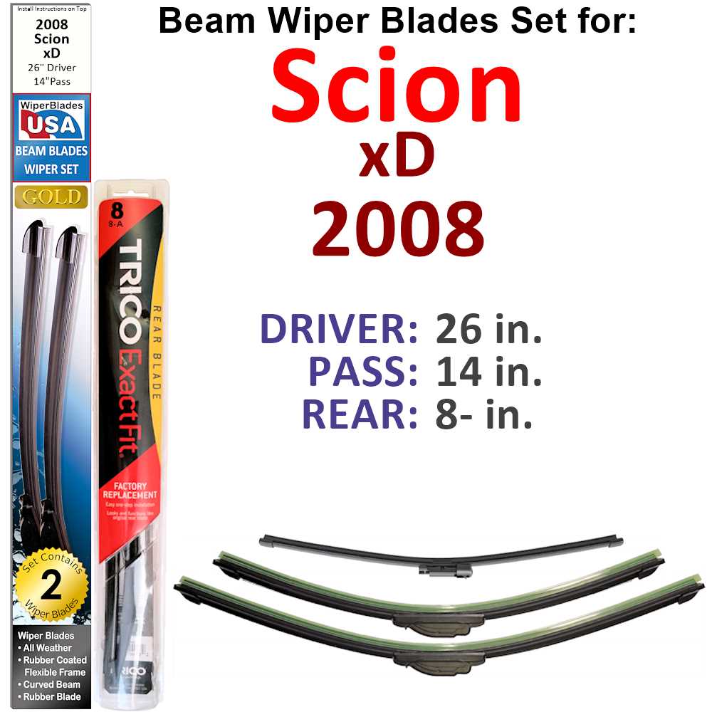 Set of 3 Beam Wiper Blades designed for 2008 Scion xD, showcasing their flexible and durable construction.