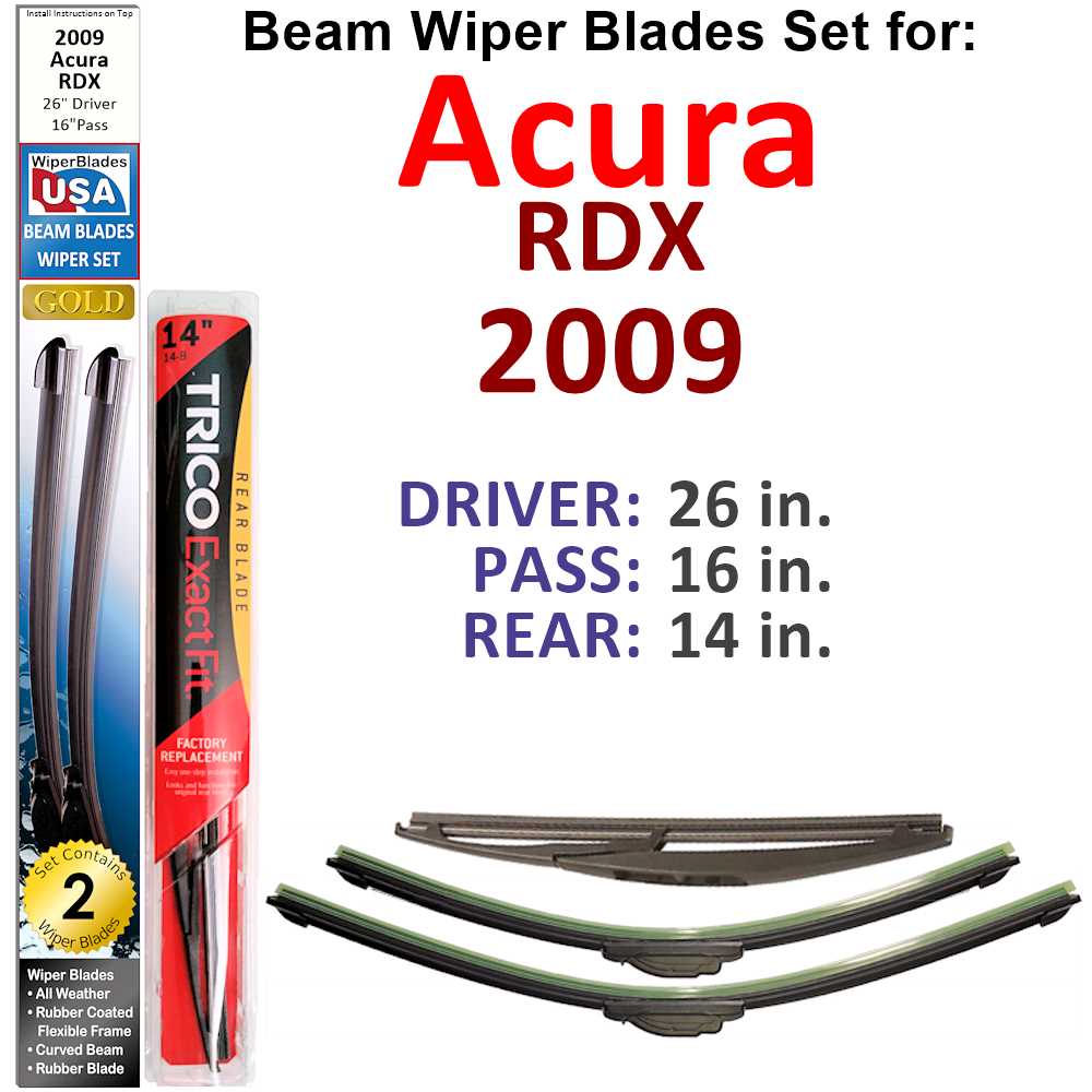 Set of 3 Beam Wiper Blades designed for 2009 Acura RDX, showcasing their flexible and durable construction.