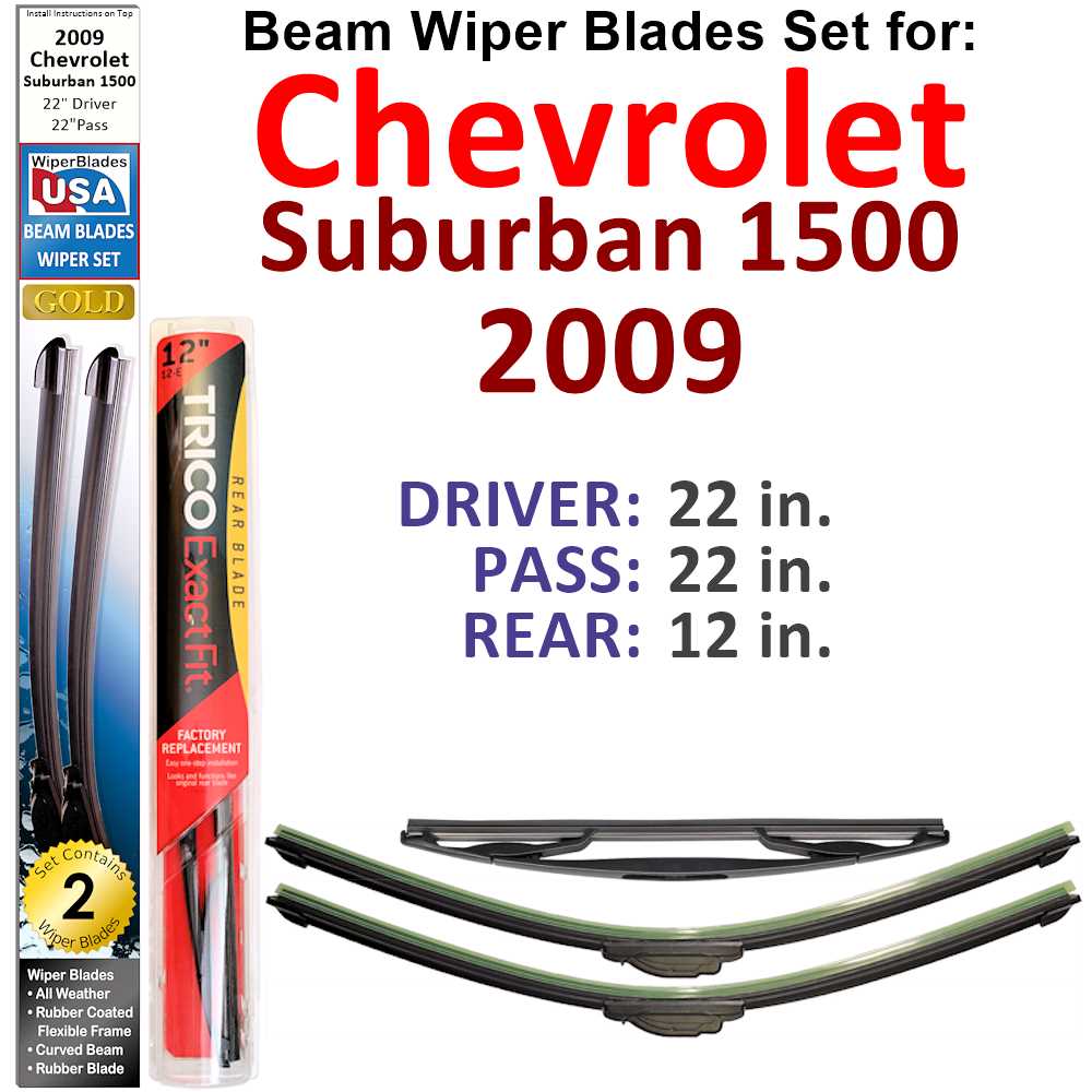 Set of 3 Beam Wiper Blades designed for 2009 Chevrolet Suburban 1500, showcasing their flexible and durable design.