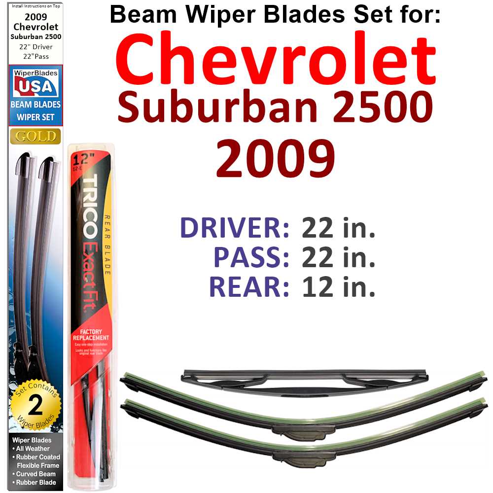Set of 3 Beam Wiper Blades designed for 2009 Chevrolet Suburban 2500, showcasing their flexible and low-profile design.