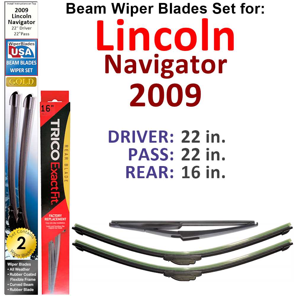 Set of 3 Beam Wiper Blades designed for 2009 Lincoln Navigator, showcasing their flexible and durable construction.
