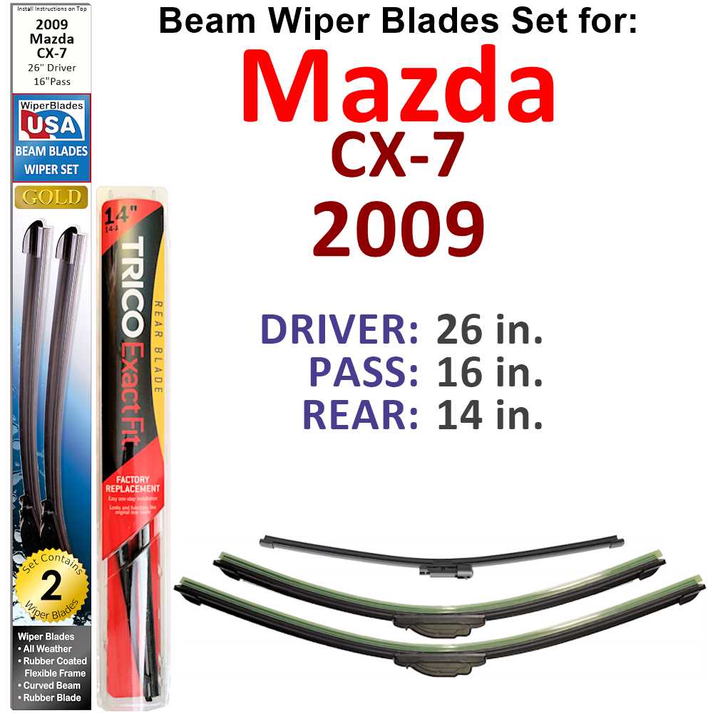 Set of 3 Beam Wiper Blades designed for 2009 Mazda CX-7, showcasing their flexible and durable construction.