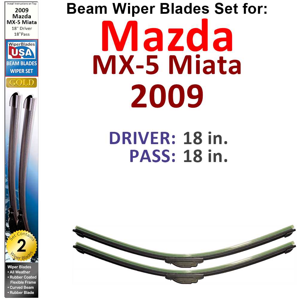 Set of two Beam Wiper Blades designed for 2009 Mazda MX-5 Miata, showcasing their flexible and durable construction.