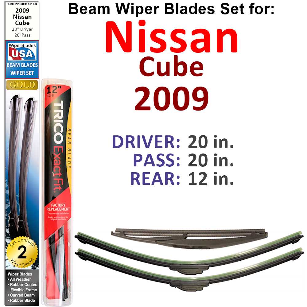 Set of 3 Beam Wiper Blades designed for 2009 Nissan Cube, showcasing their flexible and durable construction.