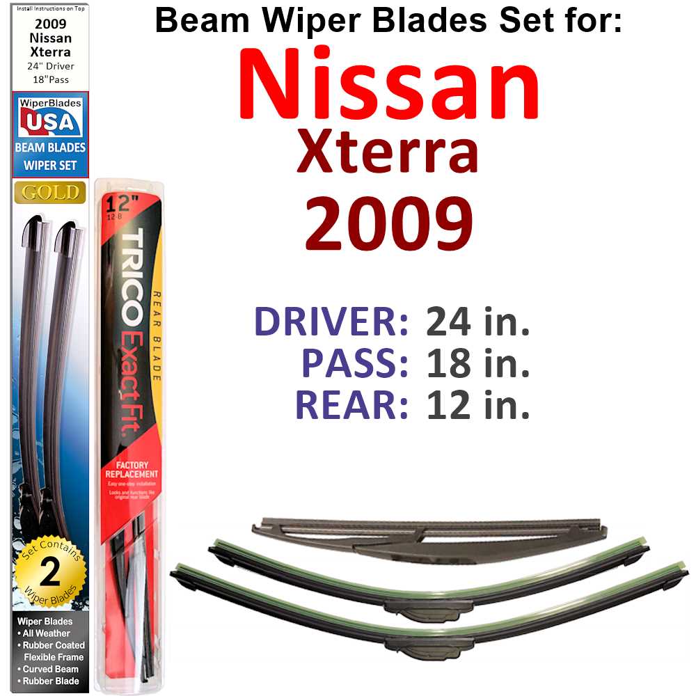 Set of 3 Beam Wiper Blades designed for 2009 Nissan Xterra, showcasing their flexible and durable construction.