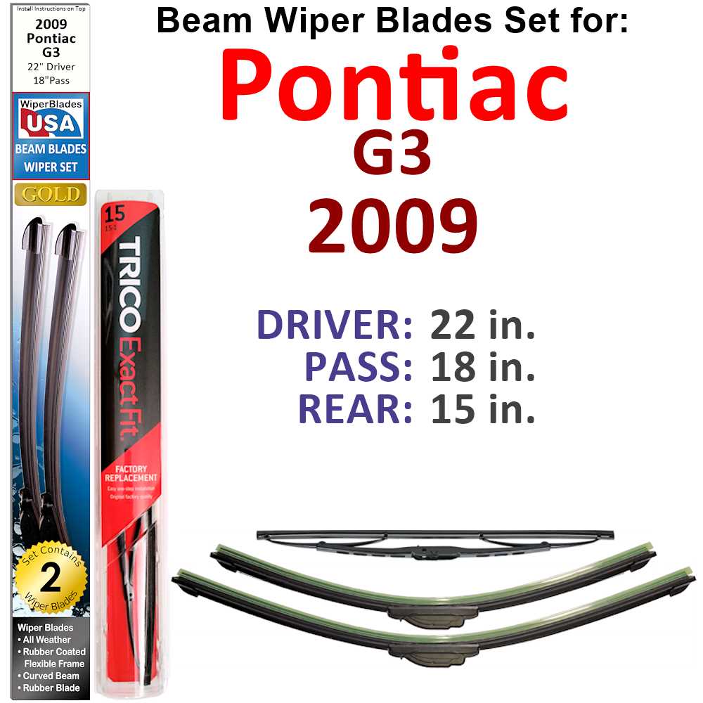 Set of 3 Beam Wiper Blades designed for 2009 Pontiac G3, showcasing their flexible and durable construction.