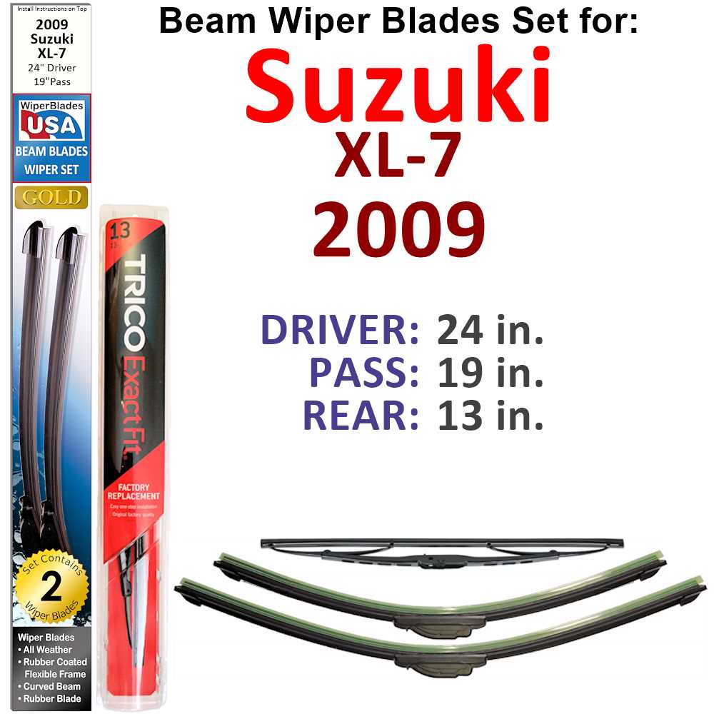 Set of 3 Beam Wiper Blades designed for 2009 Suzuki XL-7, showcasing their flexible and durable construction.