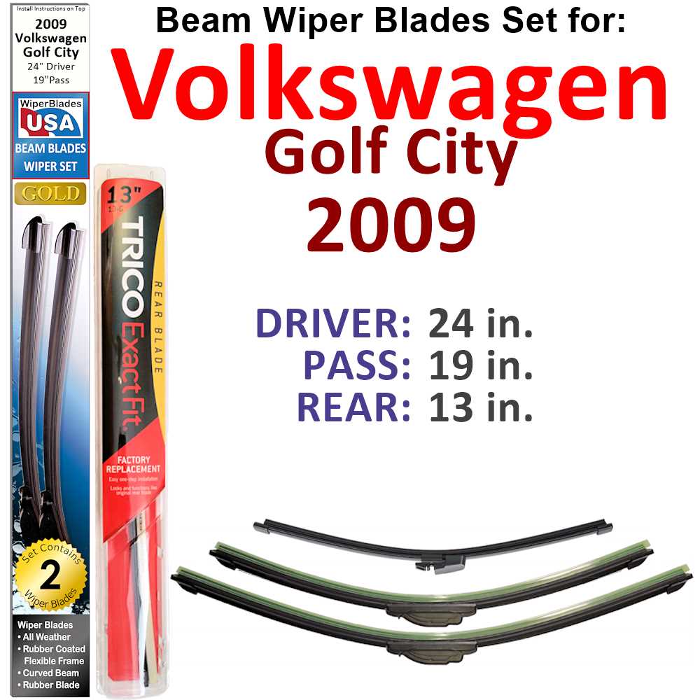Set of 3 Beam Wiper Blades designed for 2009 Volkswagen Golf City, showcasing their flexible and durable design.