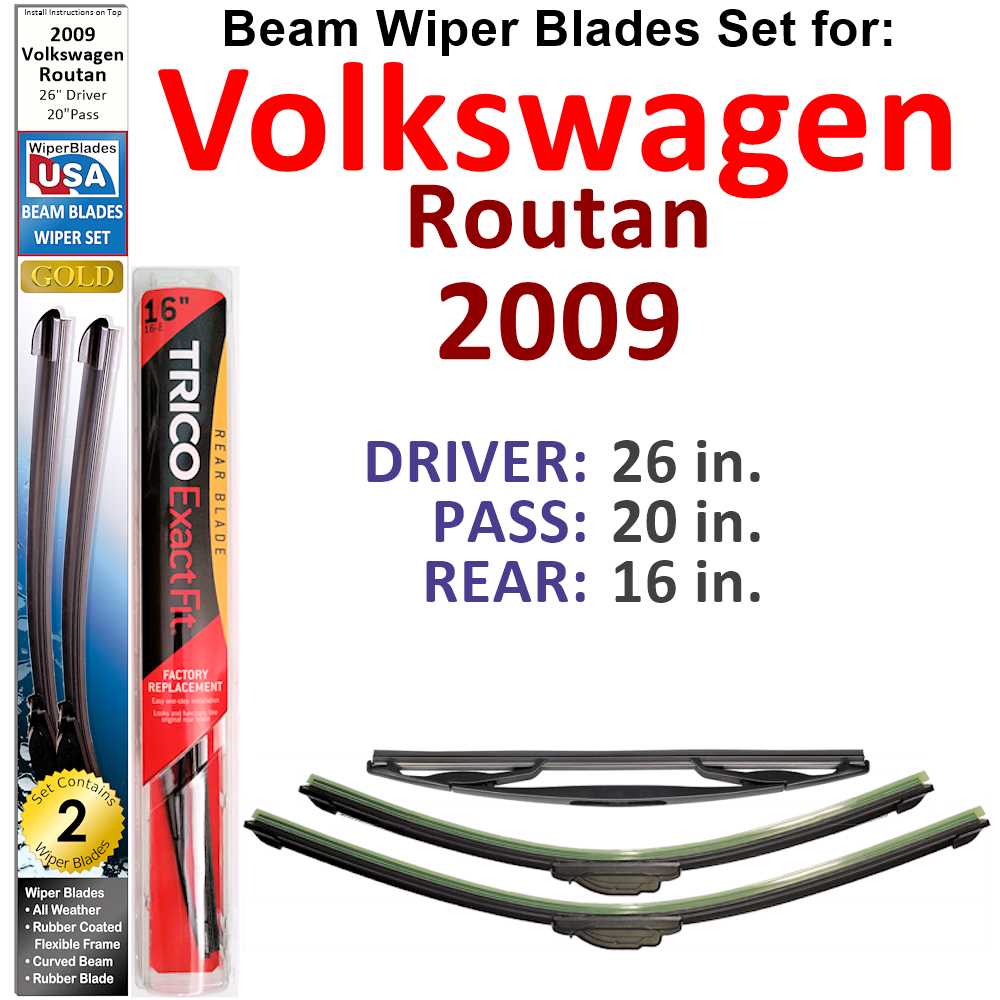 Set of 3 Beam Wiper Blades designed for 2009 Volkswagen Routan, showcasing their flexible and durable design.