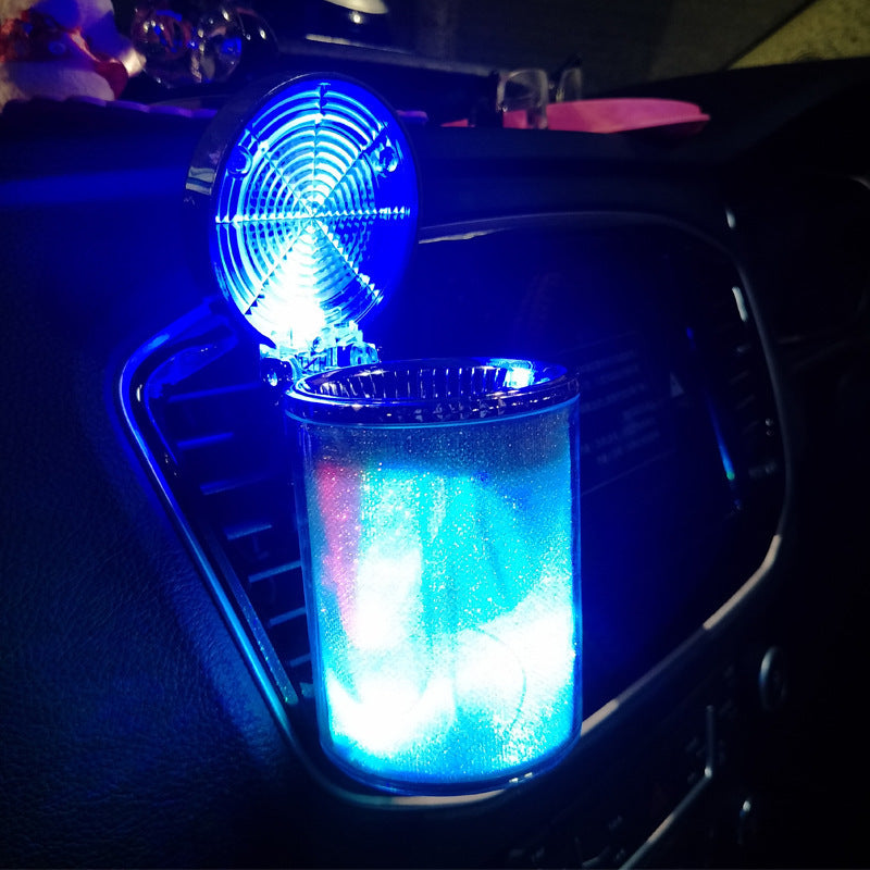 Car ashtray with RGB LED light, showcasing its sleek design and functionality for smokers.