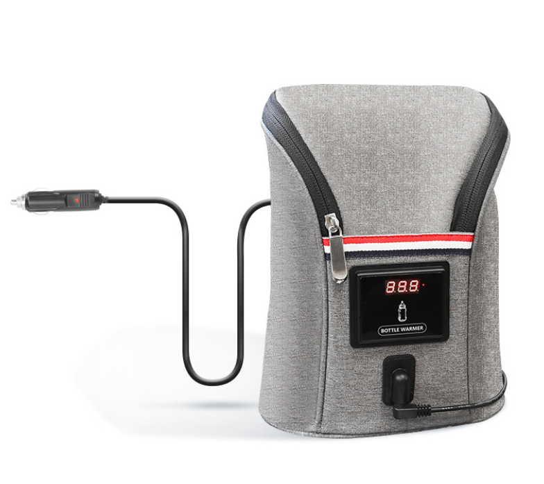 Portable grey car baby bottle warmer with real-time temperature display, designed for heating two bottles simultaneously.