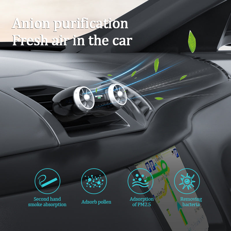Car Negative Ion Air Purifier in black and white, compact design for car interior, effectively removes dust and odors.