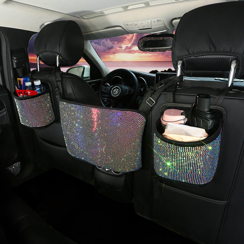 Car Storage Net Pockets in Fancy Color Diamond, designed to fit between car seats for easy organization and access.
